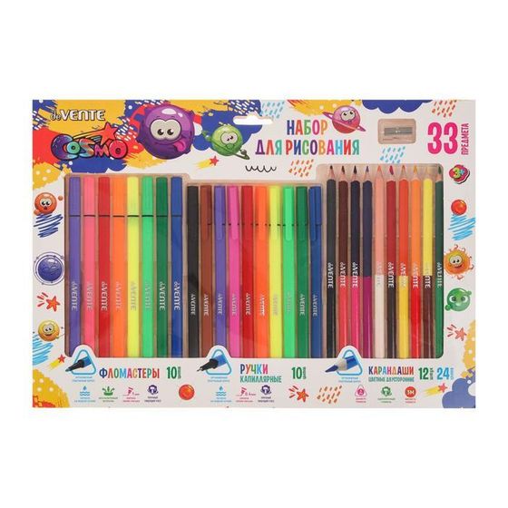 Набор для рисования подарочный &quot;deVENTE. Trio&quot; 33 предмета: фломастеры 10 цветов, ручки капиллярные 10 цветов, карандаши цветные двусторонние 12 штуки/24 цвета, точилка, в картонной коробке