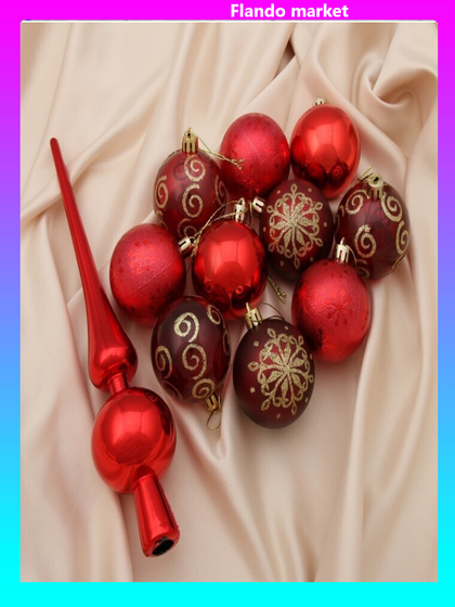 !09 Набор елочных шаров (набор 20 штук) + верхушка &quot;Новогодний&quot; пластик d-6 см. цвет красный