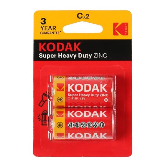 Батарейка солевая Kodak Extra Heavy Duty, C, R14-2BL, 1.5В, блистер, 2 шт.