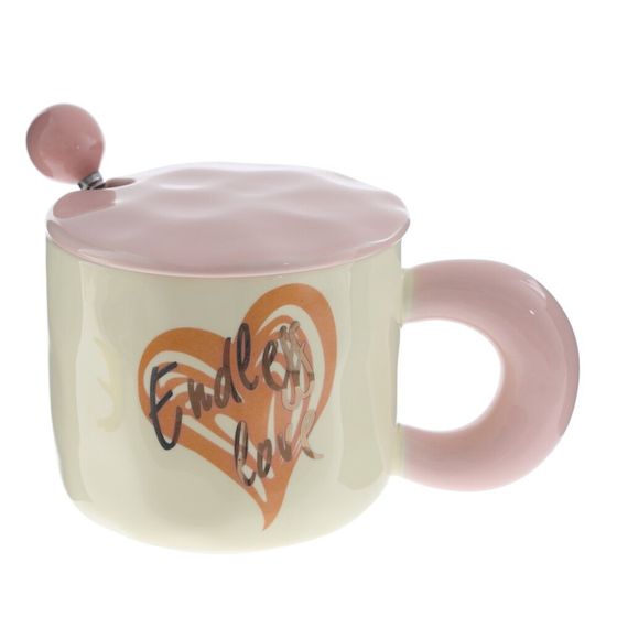 Кружка с крышкой и ложкой, L9,4 W9,4 H8,5 см, 1 штука, дизайн микс