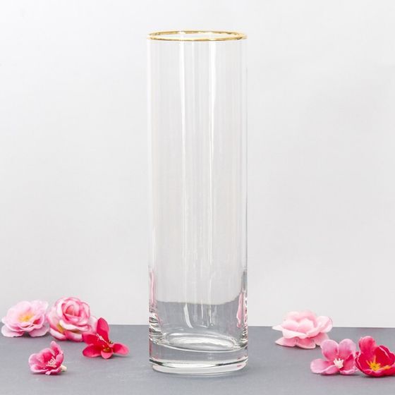Ваза FLORA, c золотой отводкой, 7.5×26.5 см, стекло, прозрачная