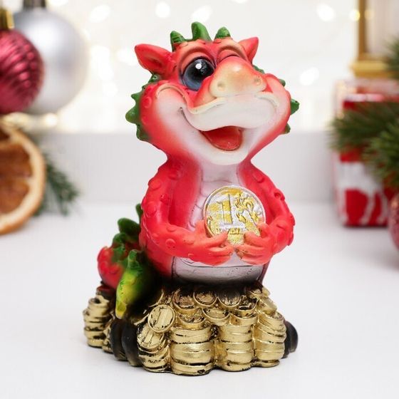 !Копилка &quot;Дракончик с рублем&quot; красная, 6,5х7х10см