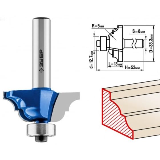 Фреза кромочная ЗУБР 28705-33.3, калевочная №4, R = 5 мм, 33.3 x 13 мм