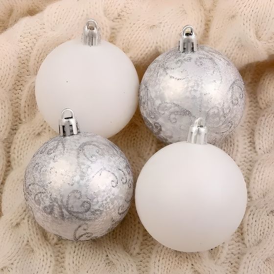 !09 Набор елочных игрушек - Набор шаров пластик d-6 см, 9 шт &quot;Морозные узоры&quot; белый, серебро