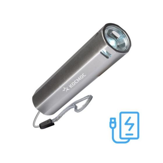 Фонарь аккумуляторный КОСМОС, ручной LED 1Вт линза АКБ, Li-ion 18650 1.2А.ч, Power-bank USB-шнур ABS-пластик