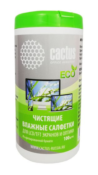 Салфетки Cactus CS-1001PE для экранов и оптики туба 100шт влажных