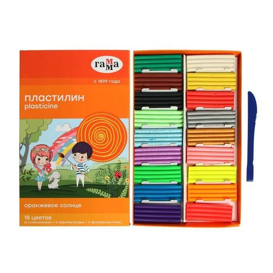 Пластилин 18 цветов 234 г (6 классических, 6 флуоресцентных, 6 перламутровых) &quot;Гамма&quot; &quot;Оранжевое солнце&quot;, со стеком