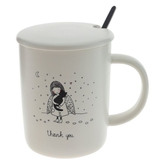 Кружка с крышкой и ложкой, 350 мл, L11,5 W8 H11 см,дизайн микс