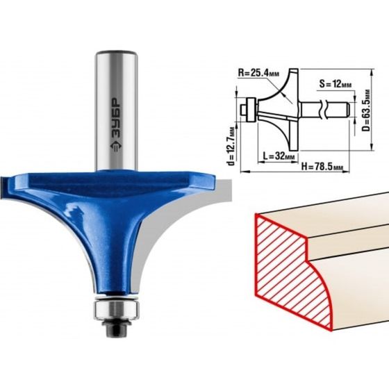 Фреза кромочная ЗУБР 28701-63.5. калевочная №1, R = 25 мм, 63.5 x 32 мм, ,