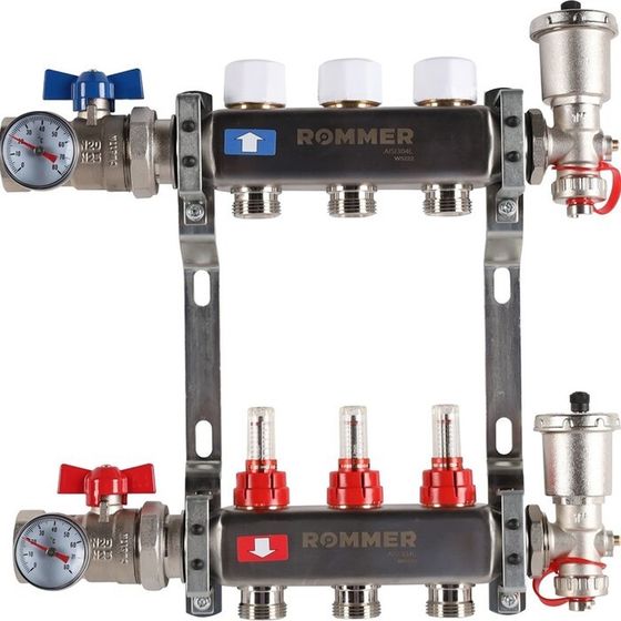 Коллектор ROMMER RMS-1210-000002, 1&quot;х3/4&quot;, 2 выхода, в сборе с расходомерами, нерж. сталь