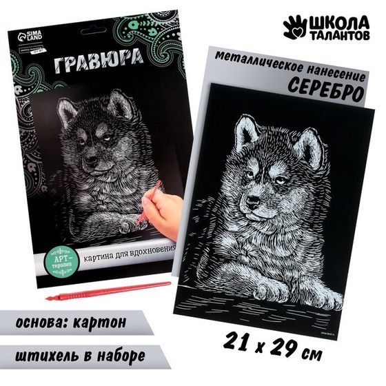 Гравюра «Щенок хаски» с металлическим эффектом «серебро» А4