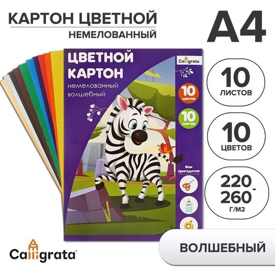 Картон цветной Calligrata «Волшебный» А4, 10 листов, 10 цветов, (золото+серебро), немелованный, плотность 220-260 г/м2, в папке