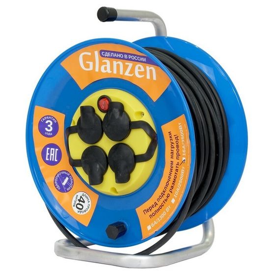 Удлинитель силовой на катушке GLANZEN с выкл. 4 гн. КГ 3х1,5 IP44 арт. EB-40-009