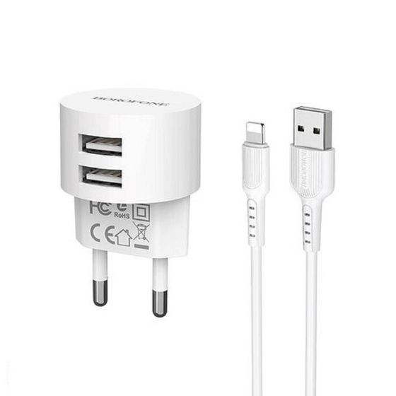 Сетевое зарядное устройство Borofone BA23A, 2xUSB, 2.4 А, кабель Lightning, белое