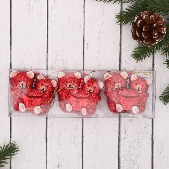 !09 Набор елочных украшений (набор 3 штуки) "Дружные медвежата", 6x5,5 см, цвет красный