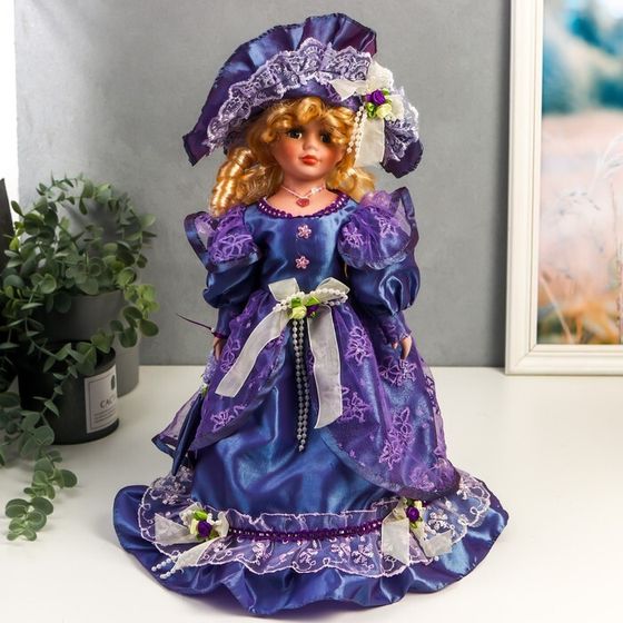 Кукла коллекционная керамика &quot;Леди Лилия в ярко-синем платье с кружевом&quot; 40 см