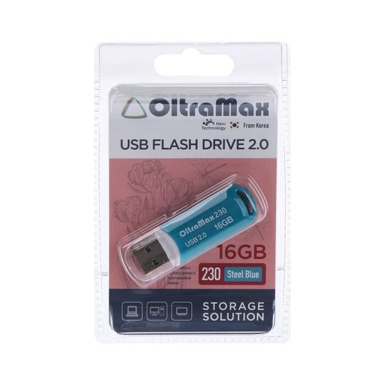 Флешка OltraMax 230, 16 Гб, USB2.0, чт до 15 Мб/с, зап до 8 Мб/с, синяя