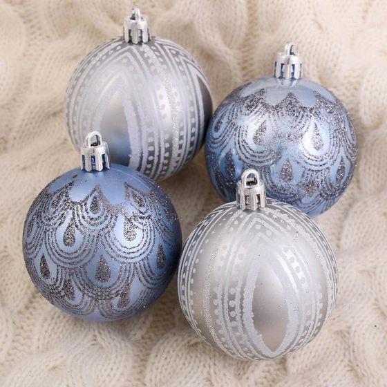 !09 Набор елочных шаров (набор 6 штук) "Загадочный узор", d=8 см, цвет серебристый/голубой