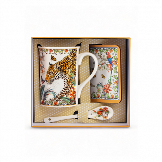 Кружка ЛЕОПАРД 320мл с ложечкой и подставкой
