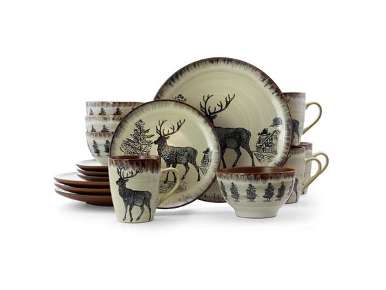 Elama Majestic Elk 16 Piece Luxurious Stoneware Dinnerware with Complete Setting