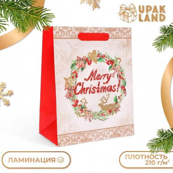Пакет подарочный ламинированный новогодний Merry Christmas,18×23×10 см