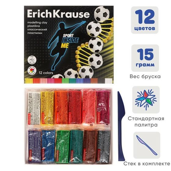 Пластилин со стеком 12 цветов, 180 г, ErichKrause &quot;Sport DNA&quot;, в картонной упаковке