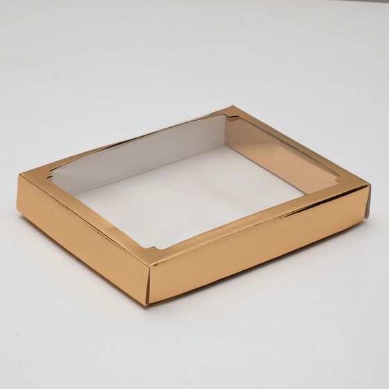 Коробка сборная, крышка-дно, с окном, золотая, 26 х 21 х 4 см