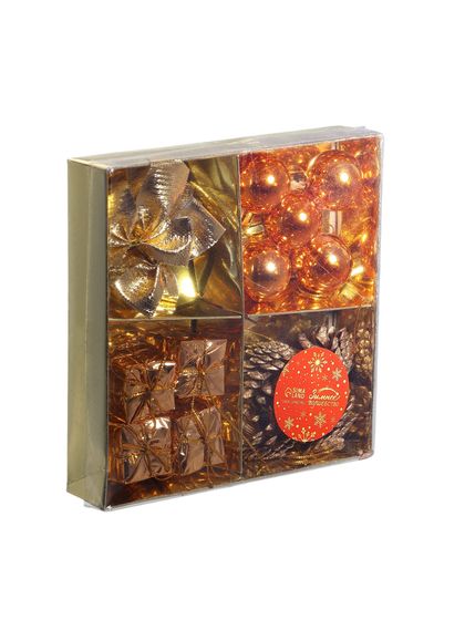 !09 Ёлочные игрушки «Сюрприз», шары новогодние, набор 17 штук (4 шишки, 4 подарка, 4 банта, 4 шара, 5 шариков) цвет коричнево-золотой