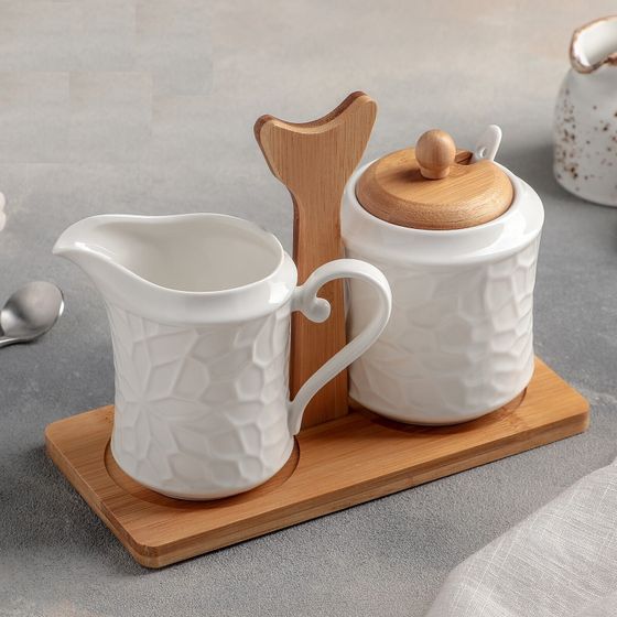 !09 Набор фарфоровый сервировочный на деревянной подставке «Кракле», 2 предмета: молочник 170 мл, сахарница с ложкой, цвет белый