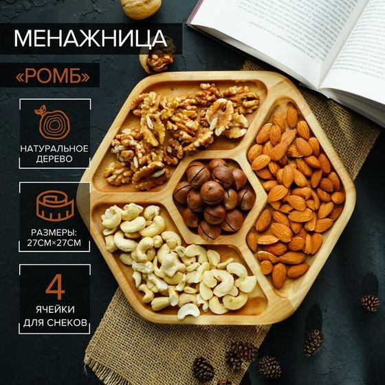 Менажница деревянная Доляна «Ромб», 27×27 см, 4 секции, берёза