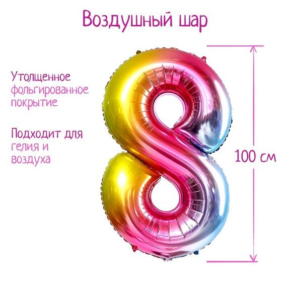 Шары воздушные фольгированные 40&quot; «Цифра 8», радуга