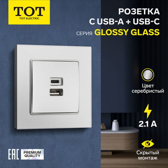 Розетка с USB-A + USB-C разъёмами, 2.1 A, 5В, TOT Glossy Glass, скрытая, стекло, серебристая   10439