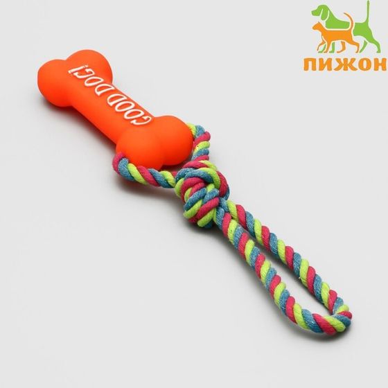 Игрушка резиновая &quot;Кость&quot; (14 см) с ручкой из каната для собак, до 37 см, микс цветов