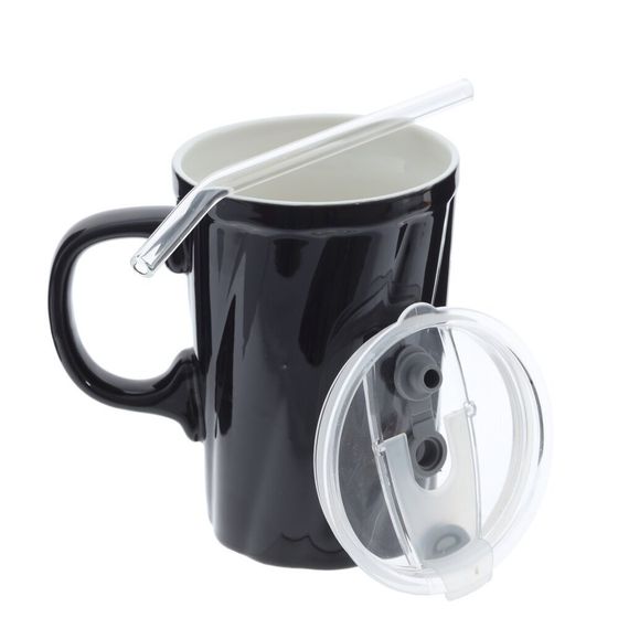 Кружка с крышкой и трубочкой, 380 мл, L12 W8,5 H16 см, 4в.