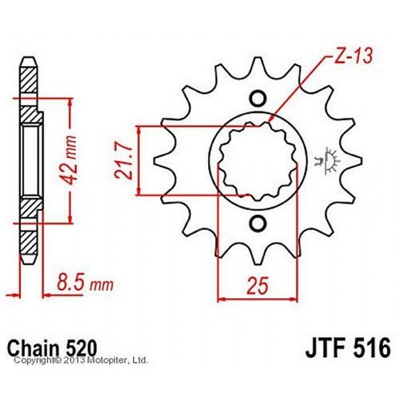 Звезда передняя (ведущая) JTF516 для мотоцикла, стальная, цепь 520, 13 зубьев