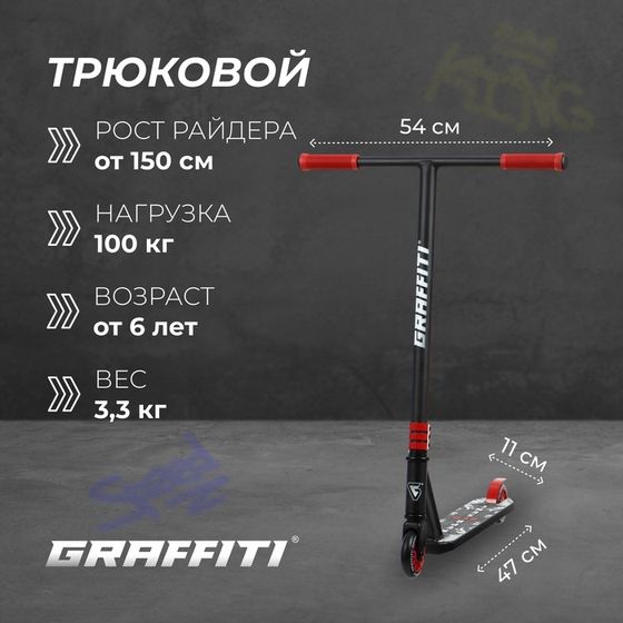 Самокат трюковой GRAFFITI Clever 24, колёса PU 100 мм, резьбовая компрессия, ABEC 9 Chrom, цвет чёрный