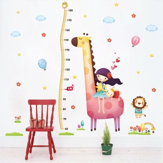 Наклейка пластик интерьерная цветная ростомер &quot;Девочка и жираф&quot; 60x90