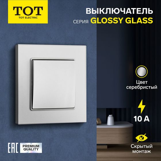 Выключатель проходной TOT Glossy Glass, 10 А, 1 клавиша, скрытый, стекло, серебристый