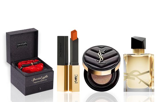 SAINT LAURENT Brand-New Small Gold Bar Rose Box Makeup Sets Velour Satin Hydrating Lipstick+Air Cushion+Perfume