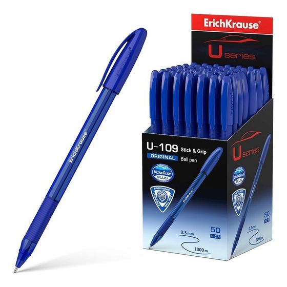 Ручка шариковая ErichKrause U-109 Original Stick&amp;Grip, игольчатый узел 1.0 мм, чернила синие, резиновый держатель, супермягкое письмо