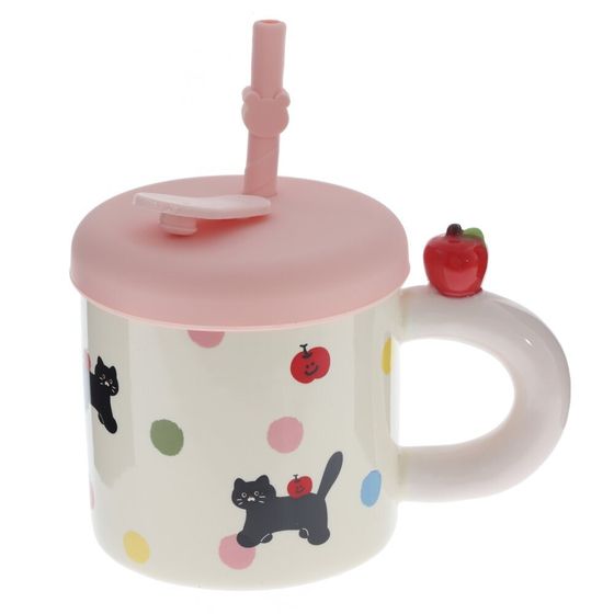 Кружка с крышкой и трубочкой, 330 мл, L14 W9 H14 см, 4в.