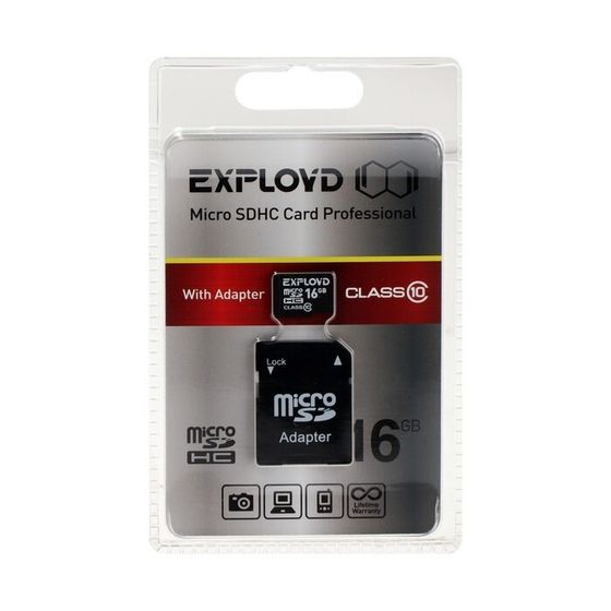 Карта памяти Exployd MicroSD, 16 Гб, SDHC, класс 10, с адаптером SD