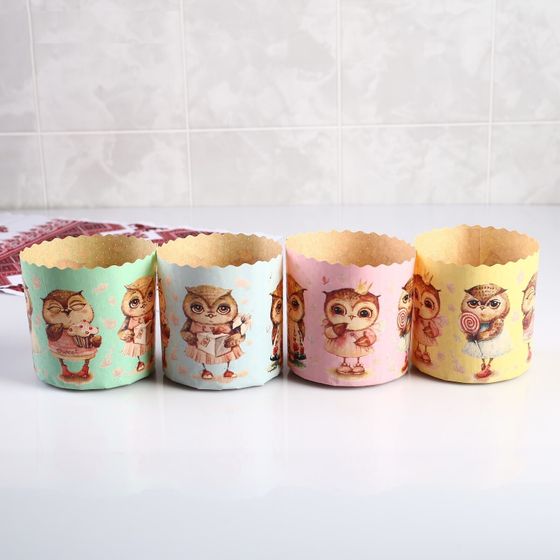 !09 Комплект из 4-х штук - Форма бумажная для кекса, маффинов и кулича "Совушки" 90x90 мм.