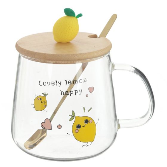 Кружка с крышкой и ложкой, 500 мл, L13 W9 H12,5 см, дизайн микс