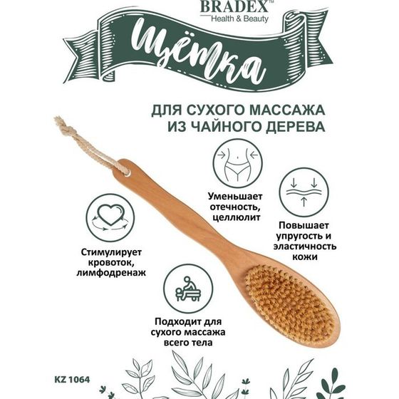 Щётка для сухого массажа Bradex, из чайного дерева, с щетиной кактуса, с ручкой, 30 см