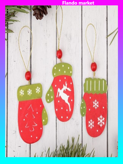 !09 Подвеска новогодняя (набор 6 штук) «Варежка»:дизайн &quot;Елочка&quot; 3 штуки + дизайн &quot;Олень&quot; 3 штуки