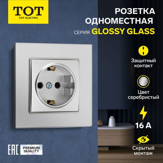 Розетка одноместная TOT Glossy Glass, 16 А, скрытая, с з/к, стекло, серебристая