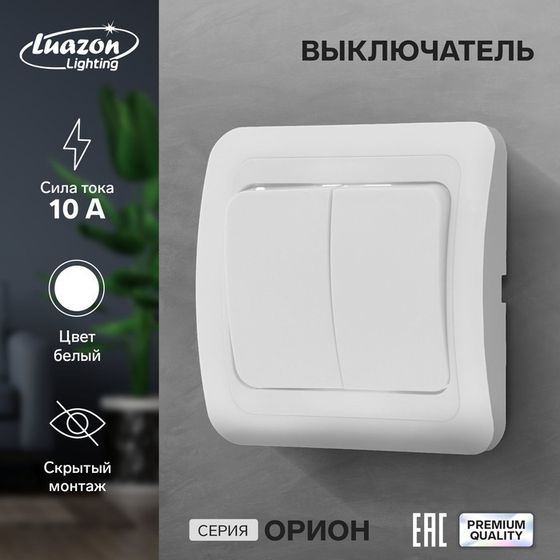 Выключатель Luazon Lighting &quot;Орион&quot;, 10 А, 2 клавиши, скрытый, белый