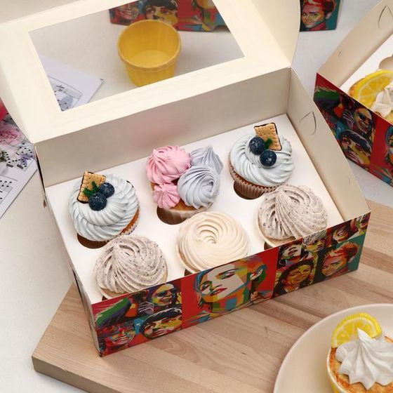 !09 Упаковка на 6 капкейков (набор 3 штуки) с окном "Эстрада", 25 х 17 х 10 см.