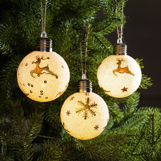 !09 Набор ёлочных шаров «Золотистые узоры», 3 шт., d=8 см, 1 LED, от батареек, свечение тёплое белое